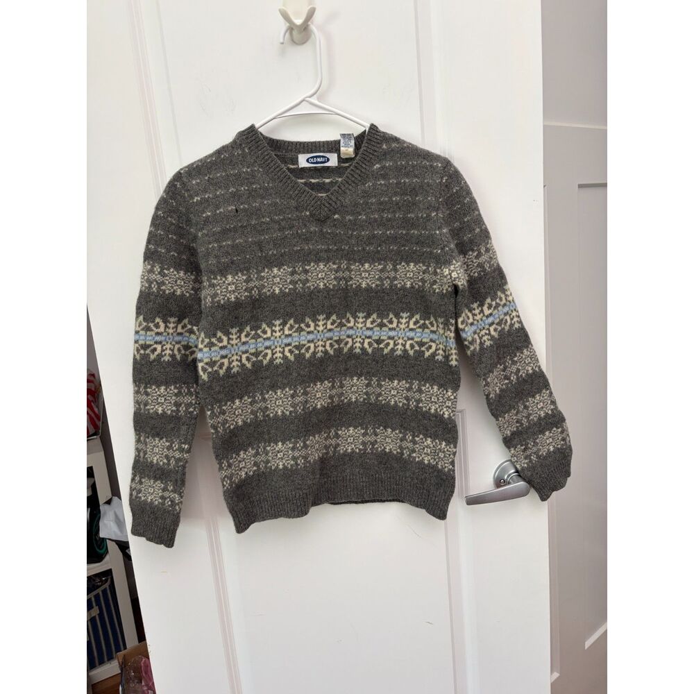 Vintage 100% Lambswool Fair Isle Sweater Small V Neck Grey Knit Grandmacore Flaw